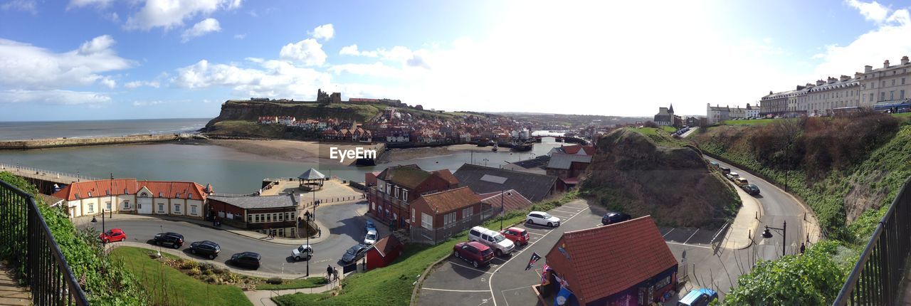 Panoramic view of houses and roads against sky