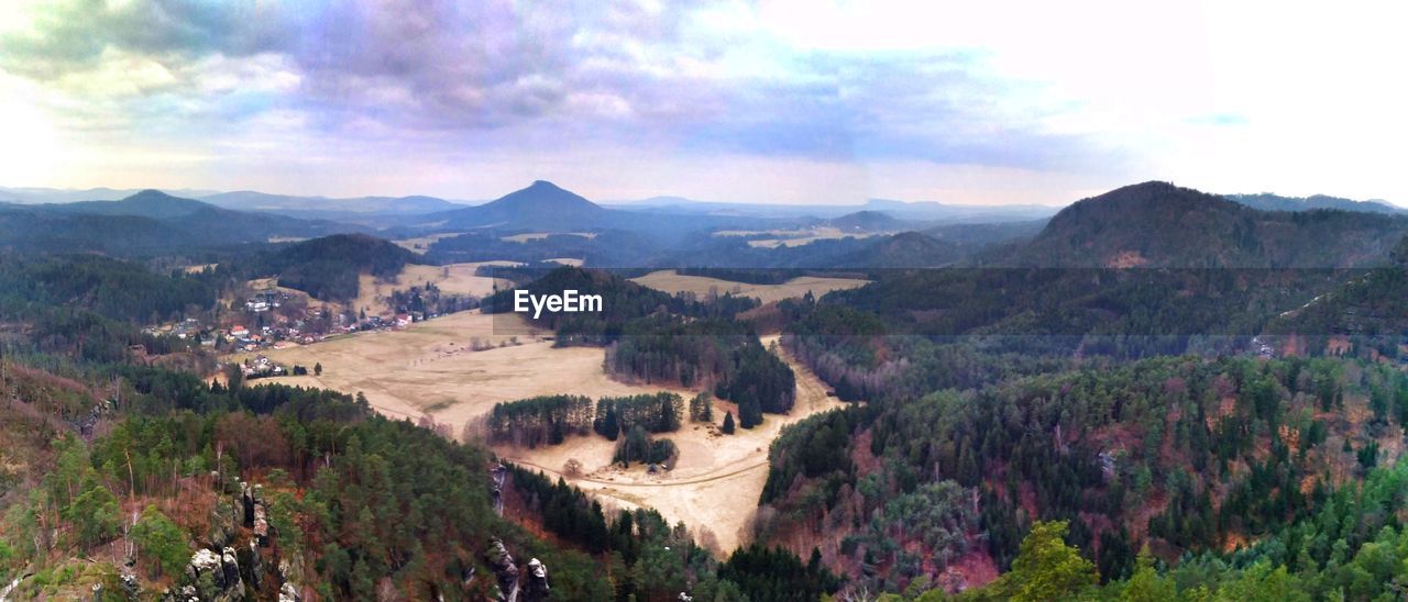 HIGH ANGLE VIEW OF TREES ON LANDSCAPE AGAINST SKY