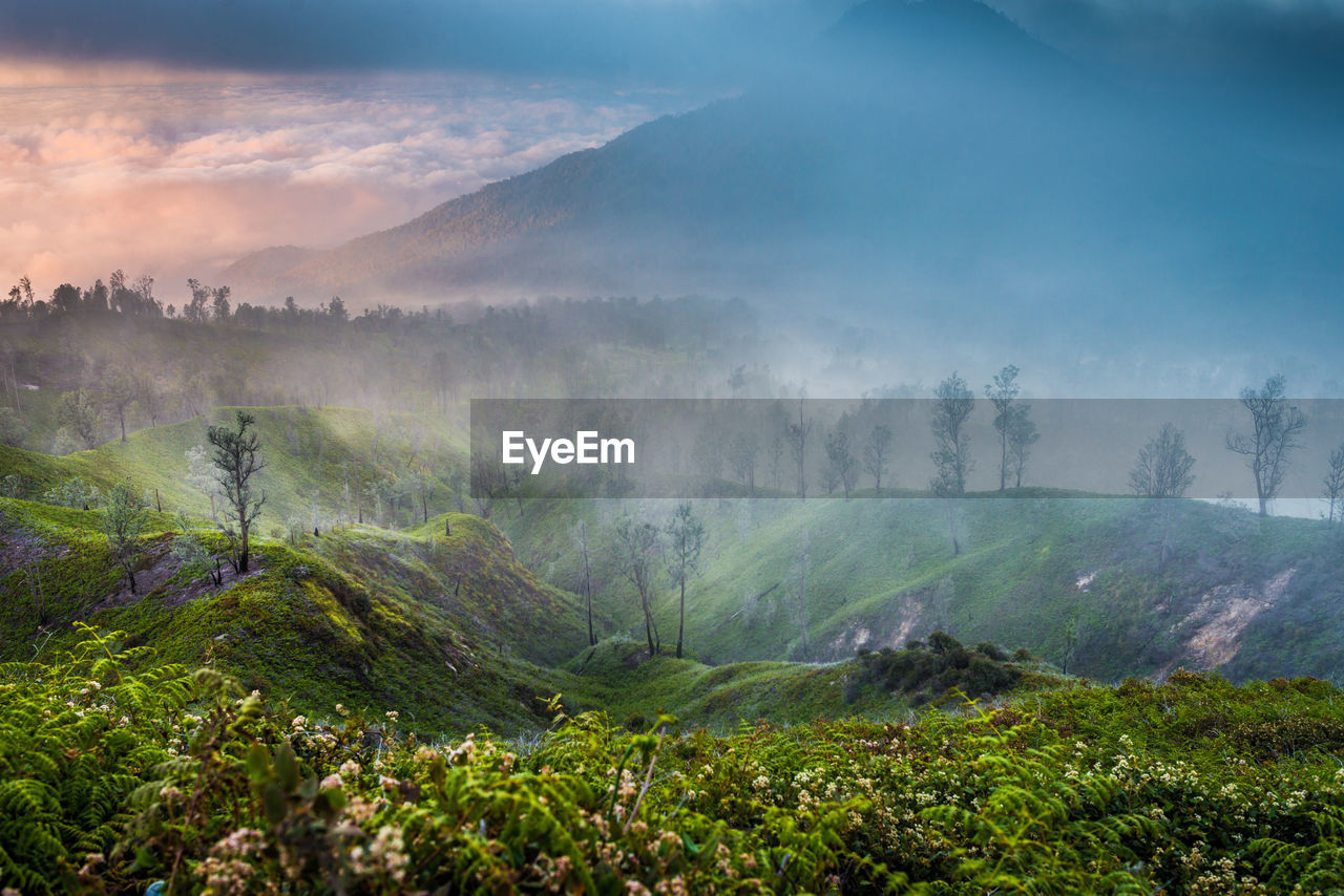 View of kawah ijen mountain and lake in indonesia