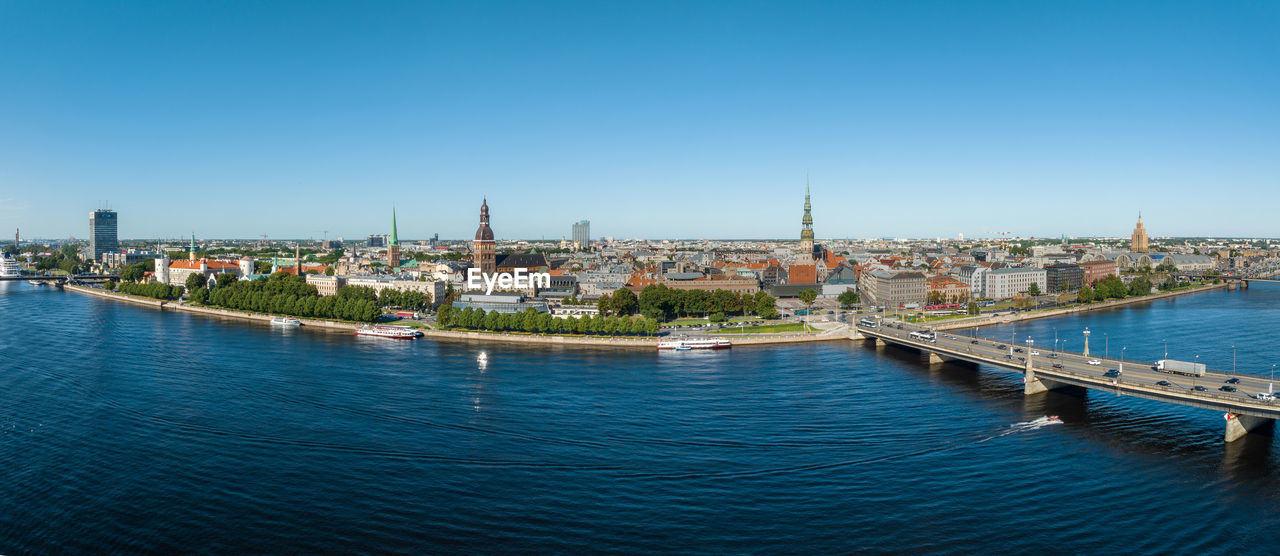 Establishing aerial bird eye view shot of riga, riga skyline, latvia.