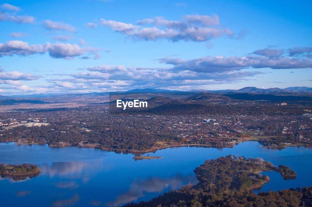 Scenic view of river by landscape against sky