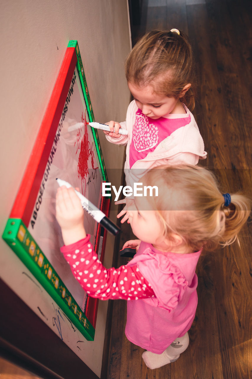 High angle view of cute sisters writing on whiteboard while standing at home