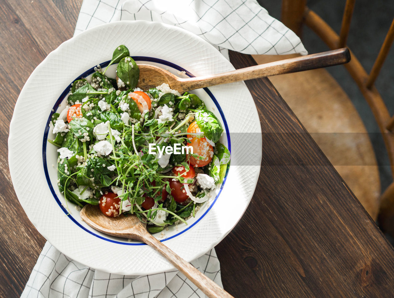 High angle view of salad in bowl on table