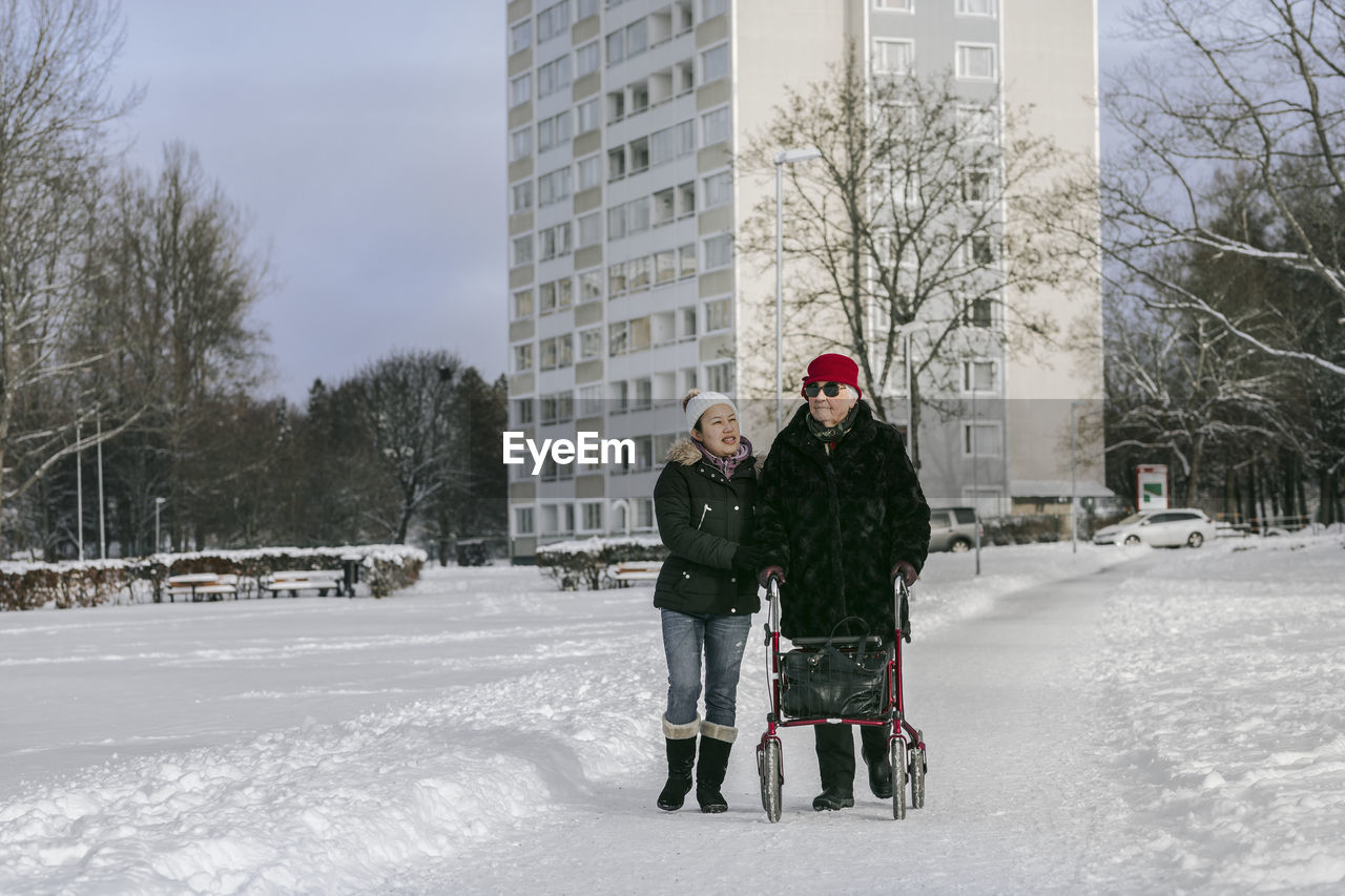 Women having walk at winter