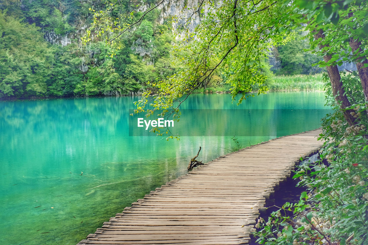 Beautiful wooden pathway across the lakes in plivice national park and tree leaves on the top 