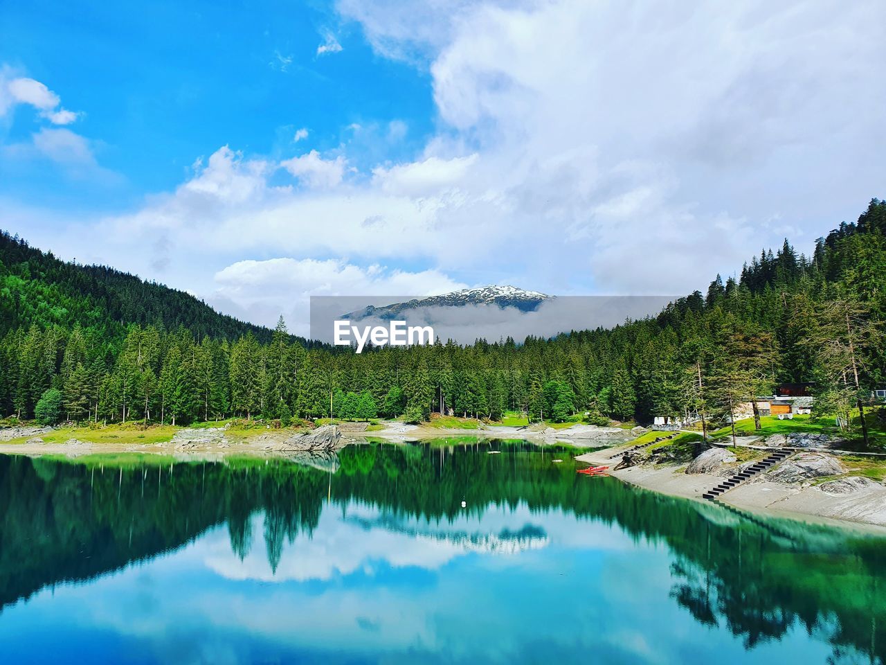 Scenic view of lake by trees against sky