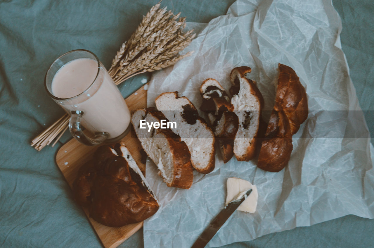 High angle view of breakfast on table