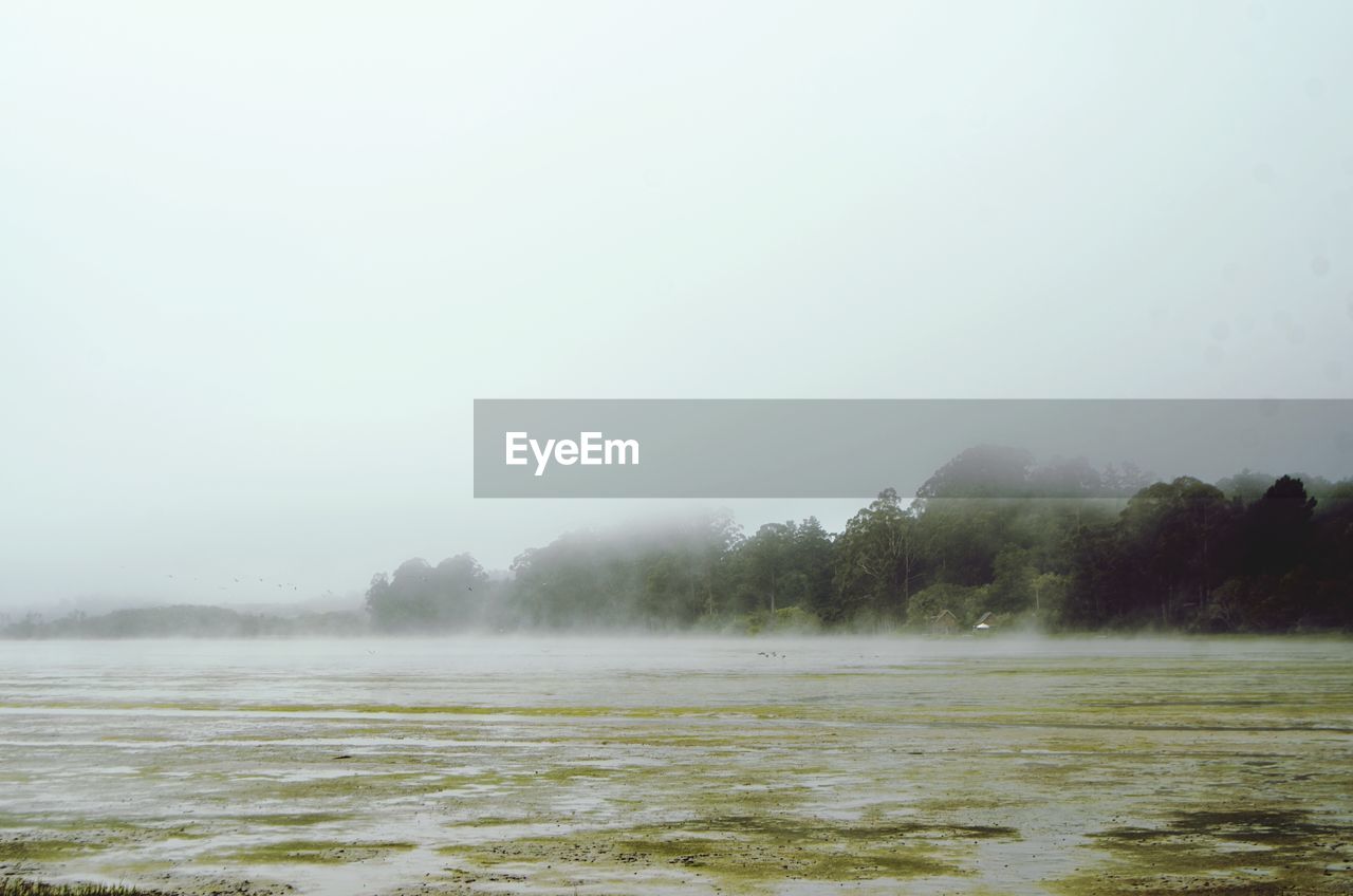 Scenic view of lake against clear sky in foggy weather