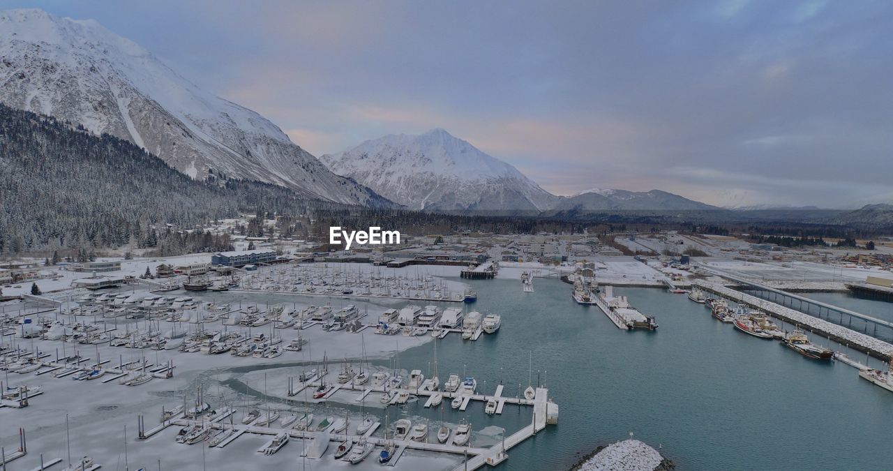 Panoramic view of lake and snowcapped mountains against sky