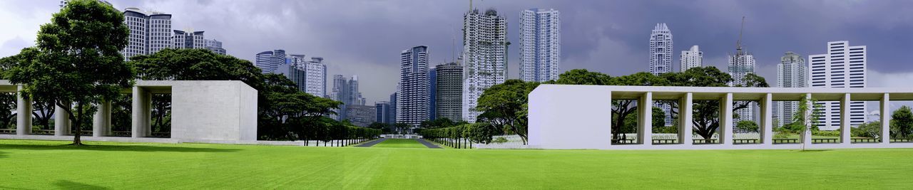 Buildings with lawn in foreground