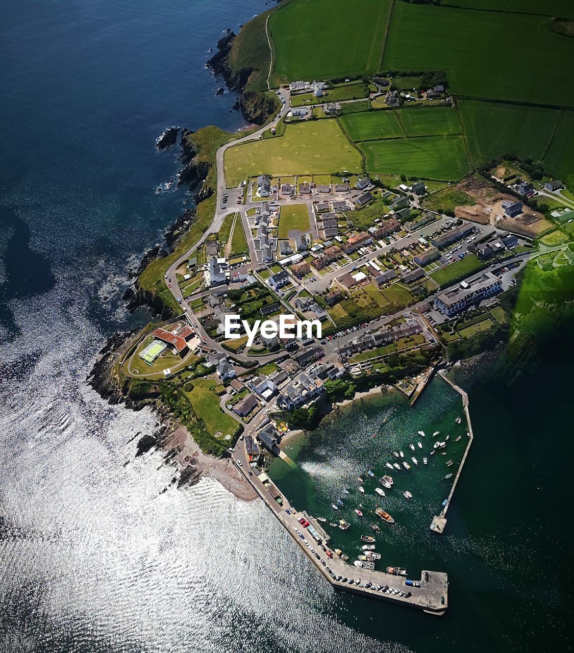 Aerial view of sea and city