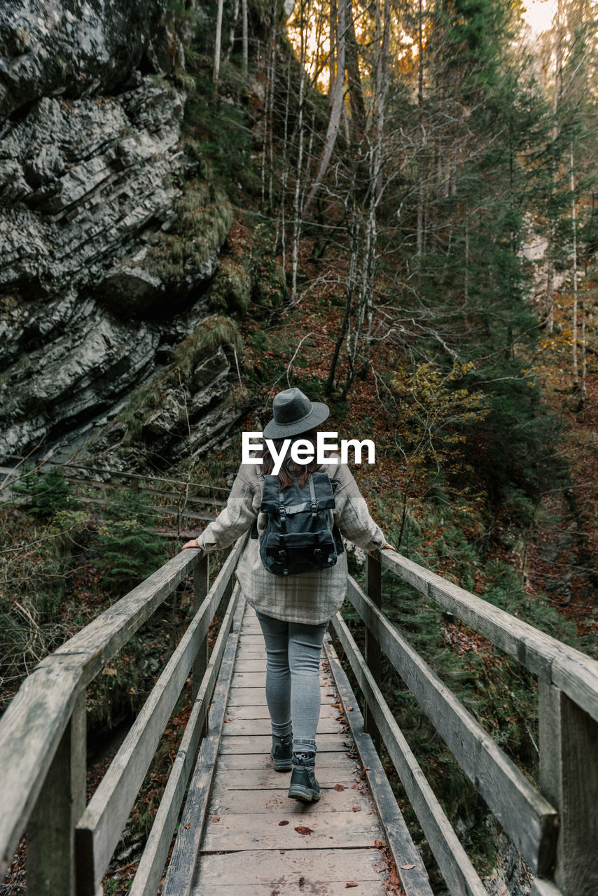 Rear view of woman wearing backpack and hat, standing on footbridge in moody forest