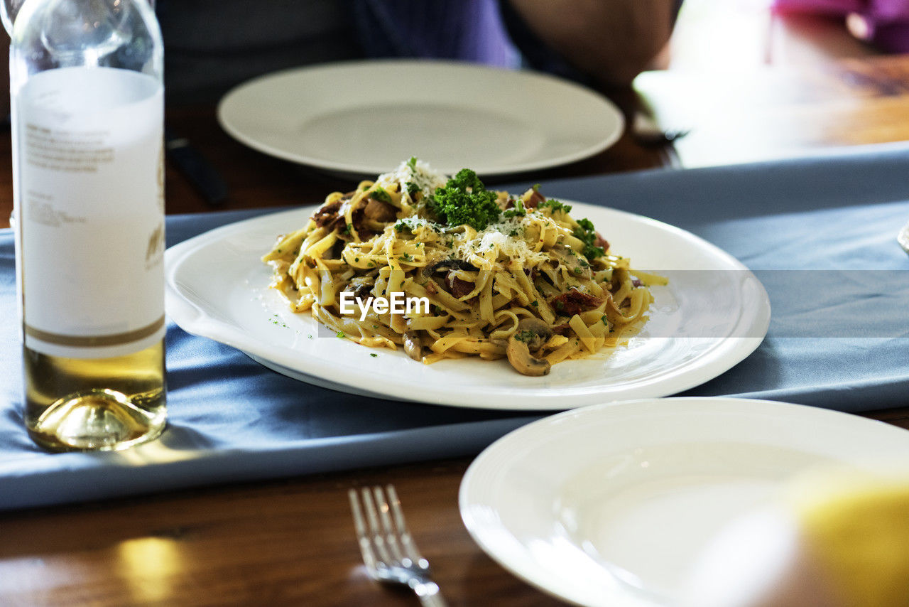 high angle view of food served in plate on table