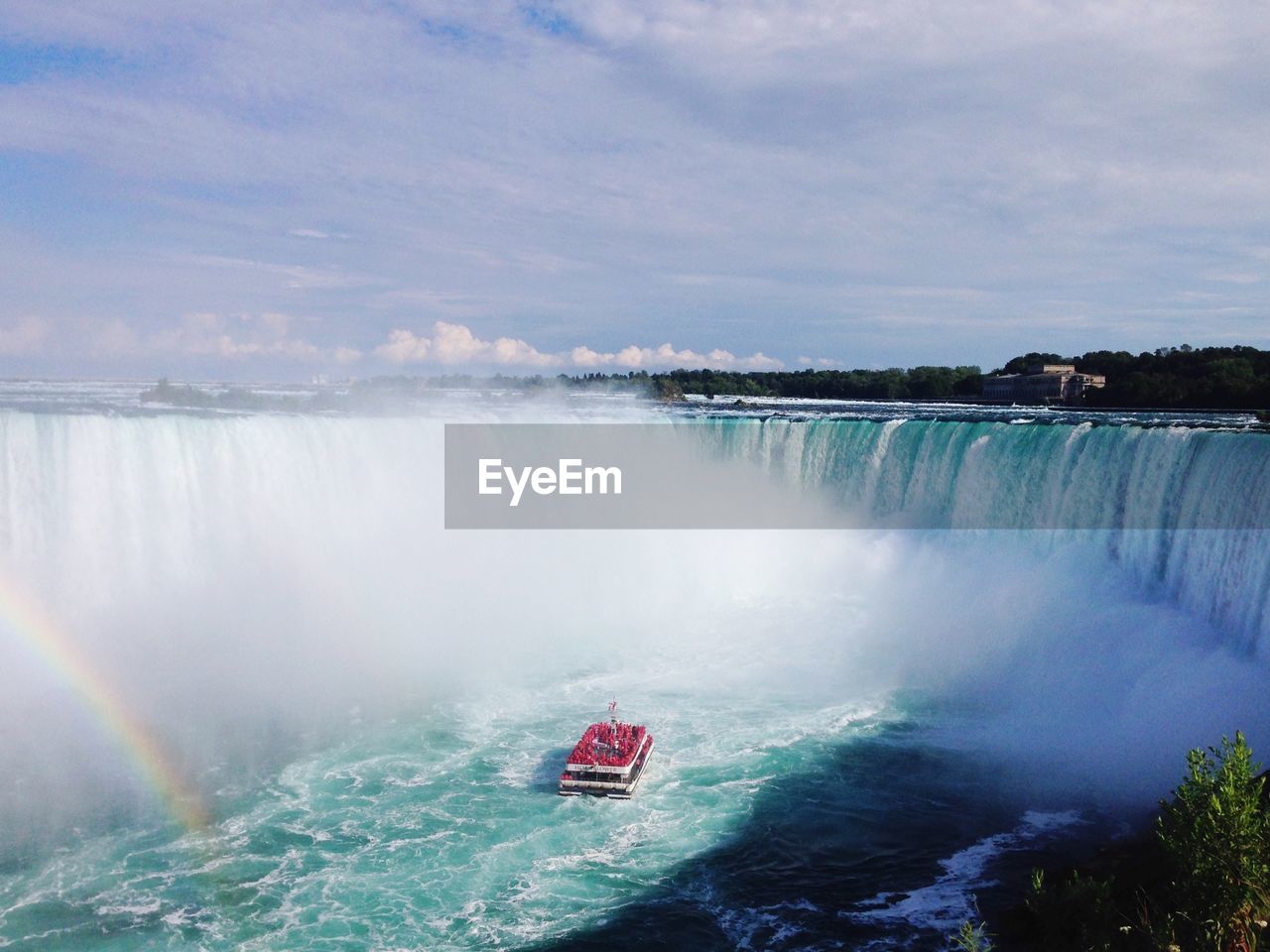 Scenic view of waterfall against sky