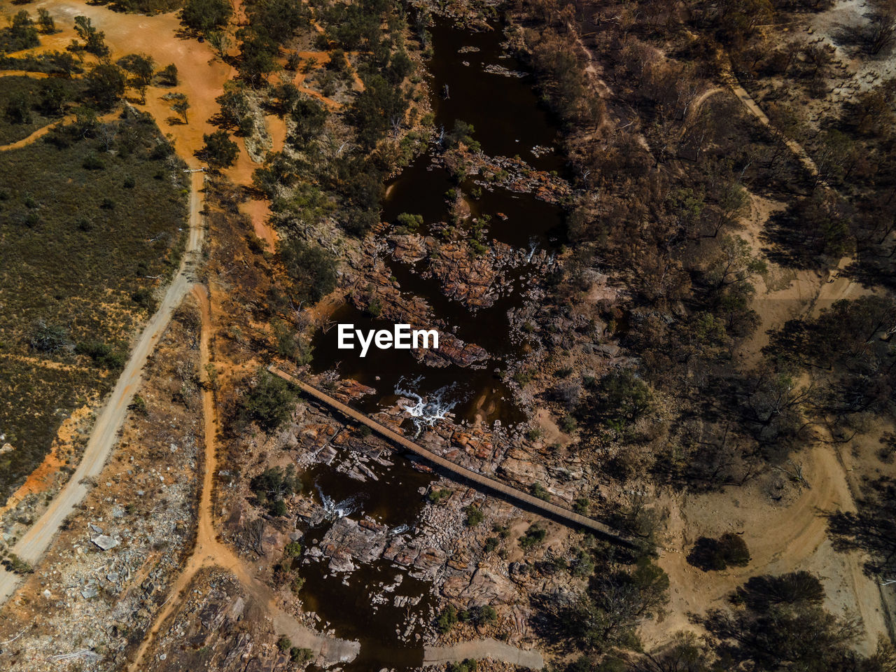 HIGH ANGLE VIEW OF RAILROAD TRACKS AMIDST TREES