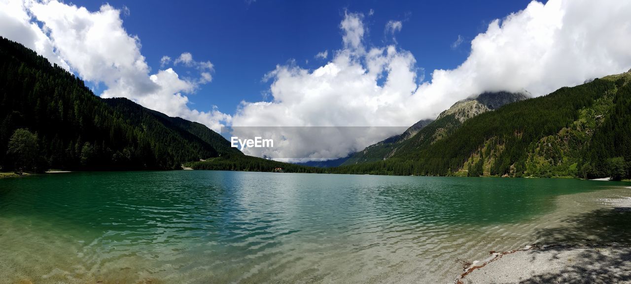 PANORAMIC VIEW OF LAKE AND TREES AGAINST SKY