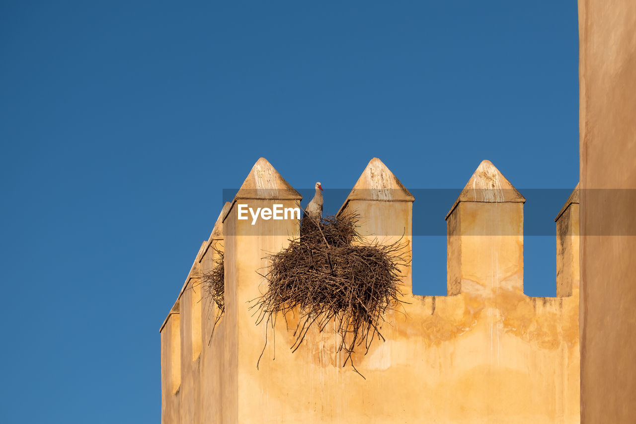 Low angle view of storck nest on historical building against clear blue sky