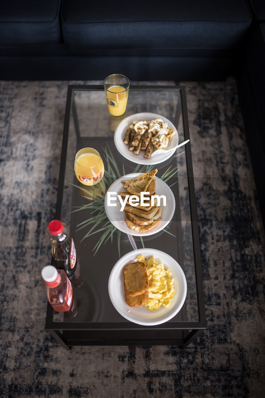 High angle view of breakfast served on table