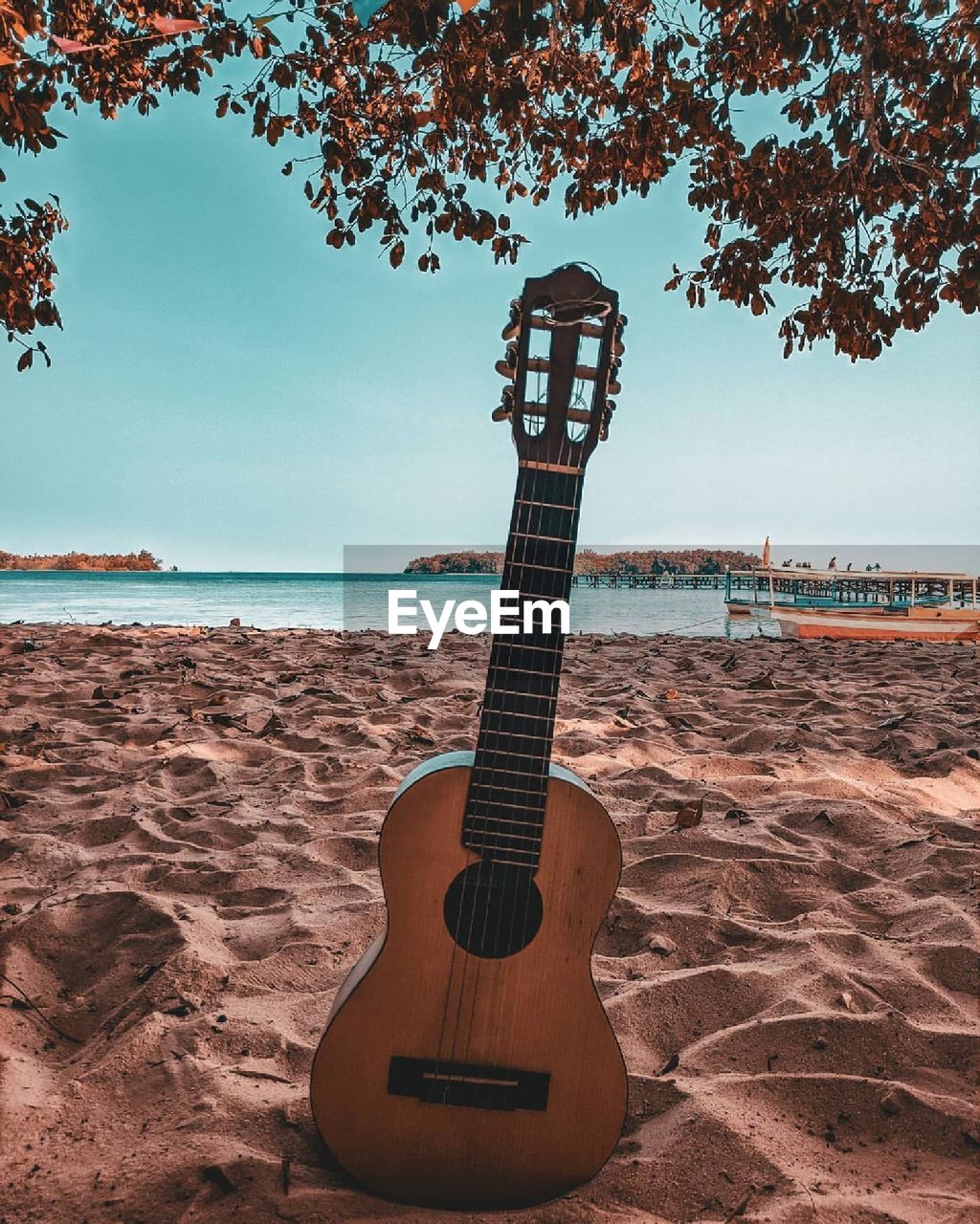 View of guitar on beach