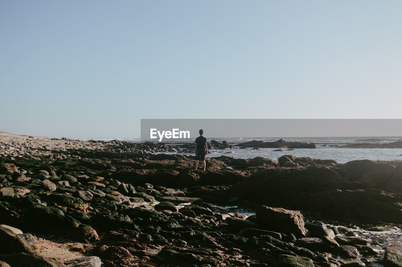 Rear view of man standing on rock against sea at beach