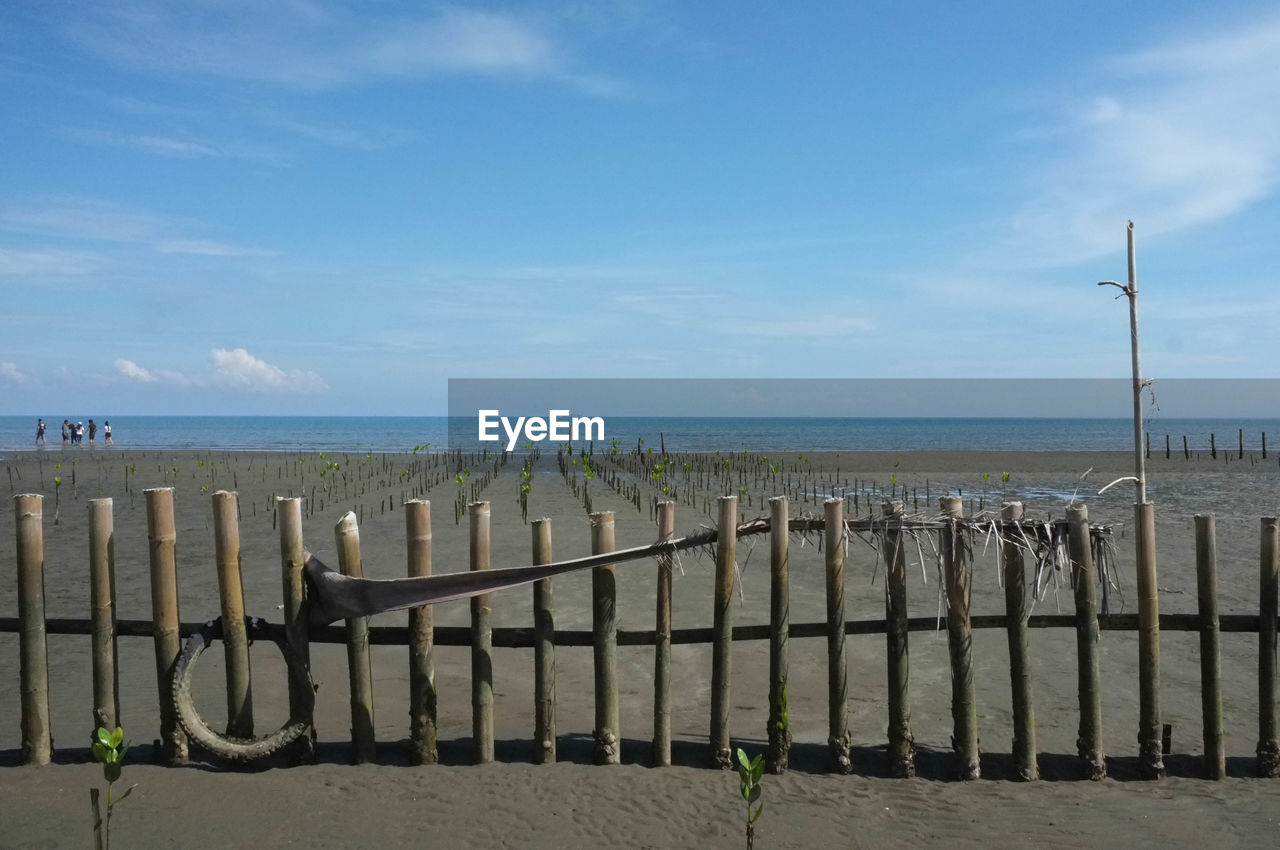 Wooden posts on calm beach against blue sky