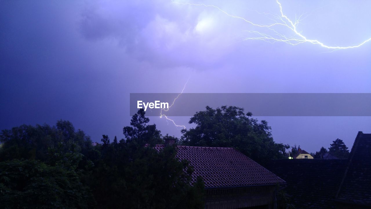 Low angle view of lightning over trees against sky at night