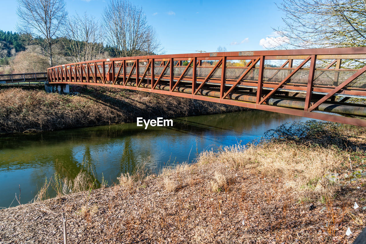 bridge, water, architecture, built structure, sky, nature, river, plant, transportation, tree, no people, reflection, waterway, day, blue, outdoors, travel destinations, reservoir, clear sky, landscape, rail transportation, sunlight, environment