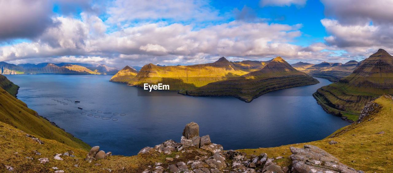 PANORAMIC VIEW OF LAKE BY MOUNTAINS AGAINST SKY