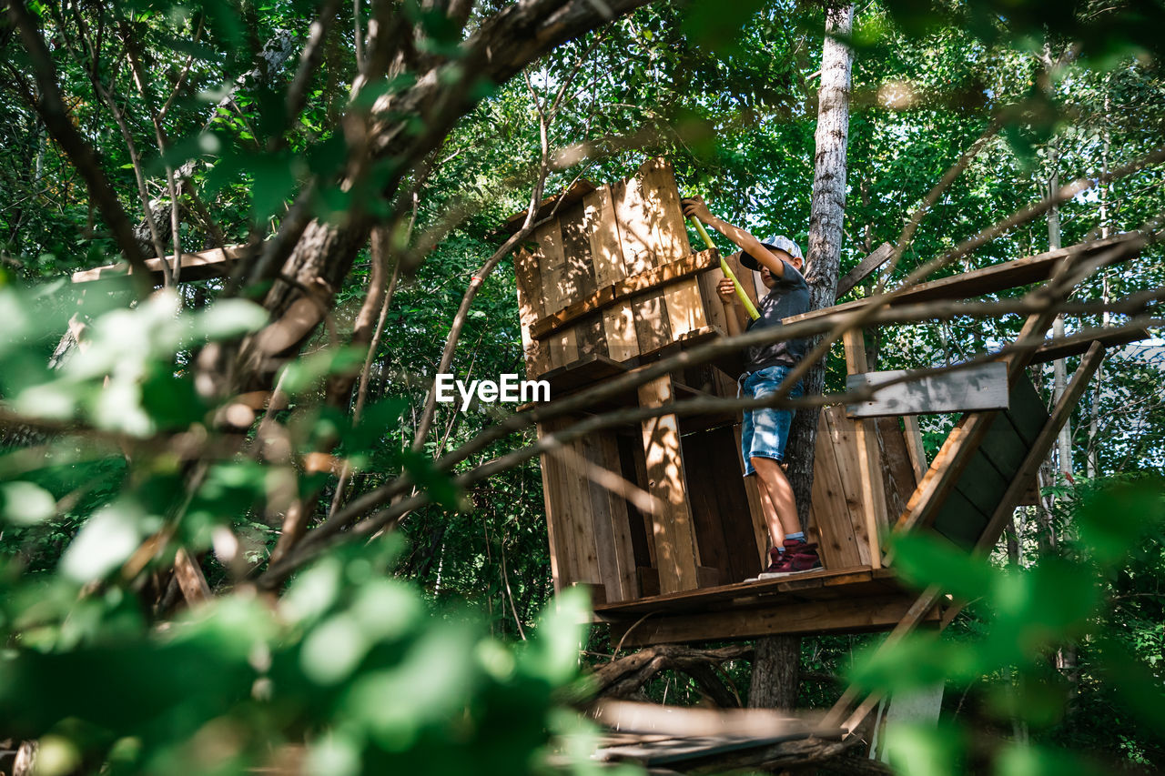 8 years old boy building a treehouse during summer