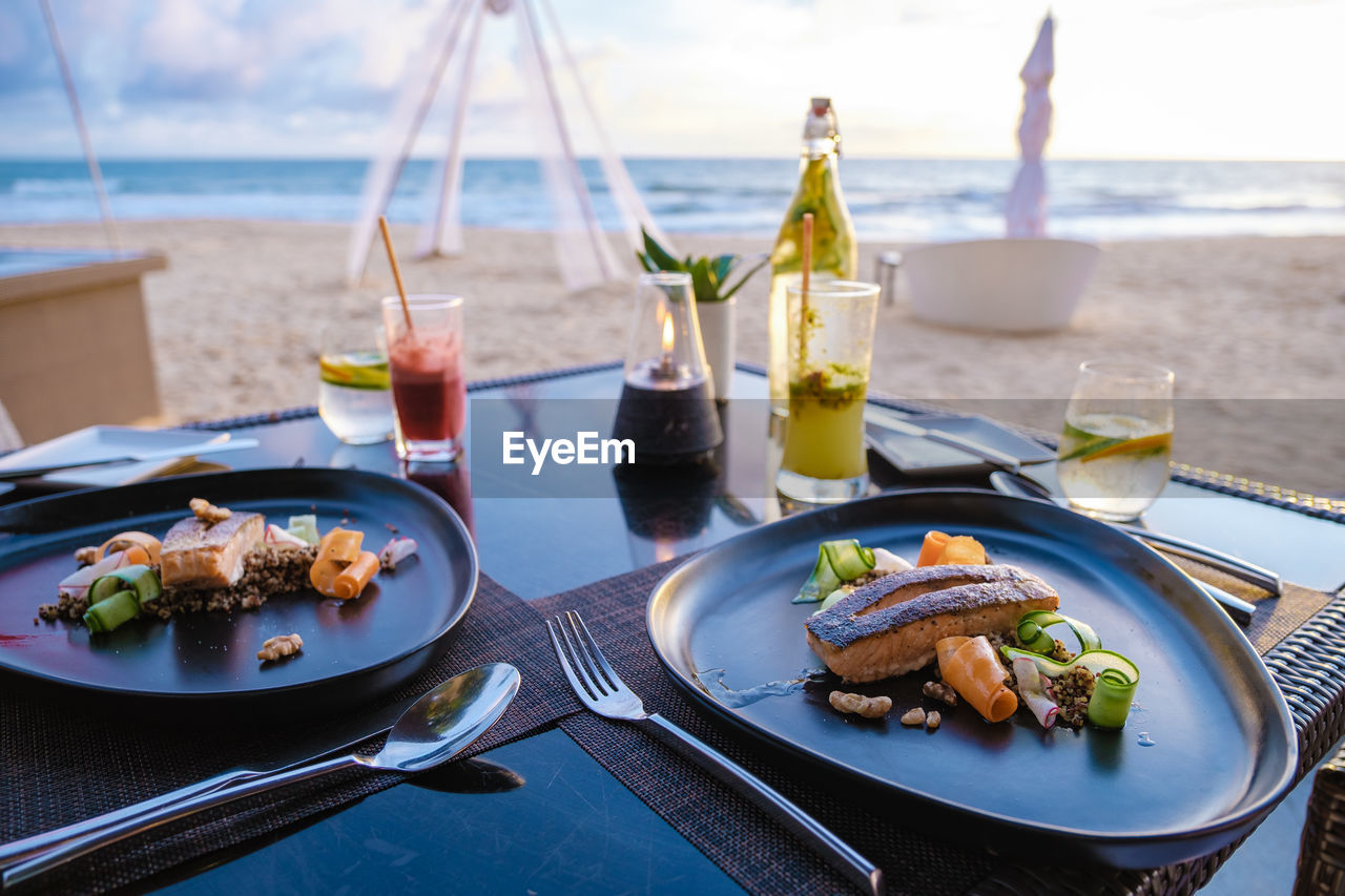 high angle view of food served on table