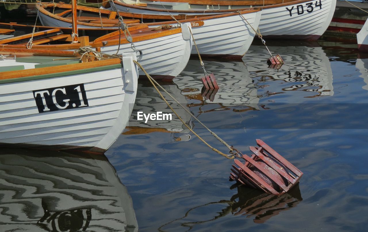 HIGH ANGLE VIEW OF FISHING BOATS MOORED AT HARBOR