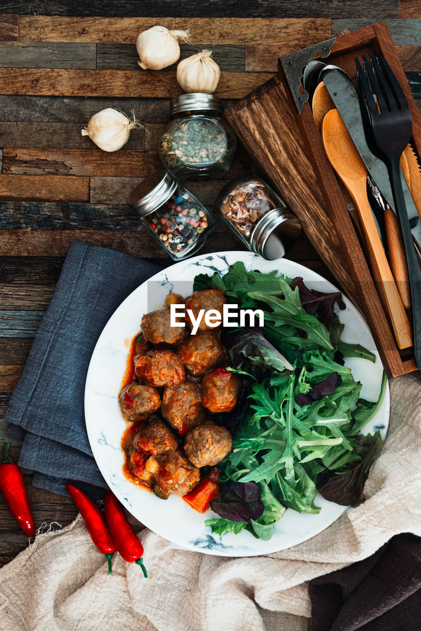 High angle view of food in plate on table