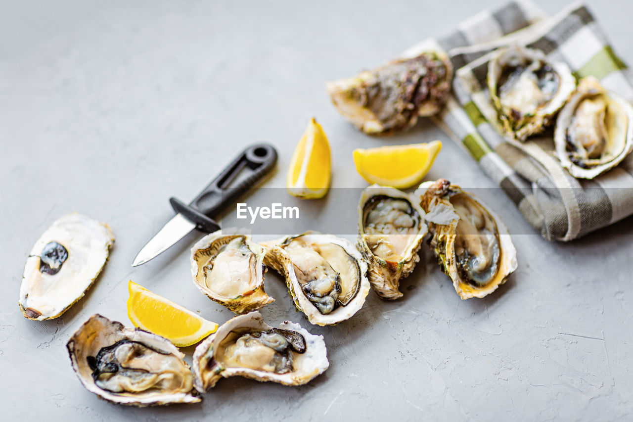 Fresh oysters and lemon on gray concrete background