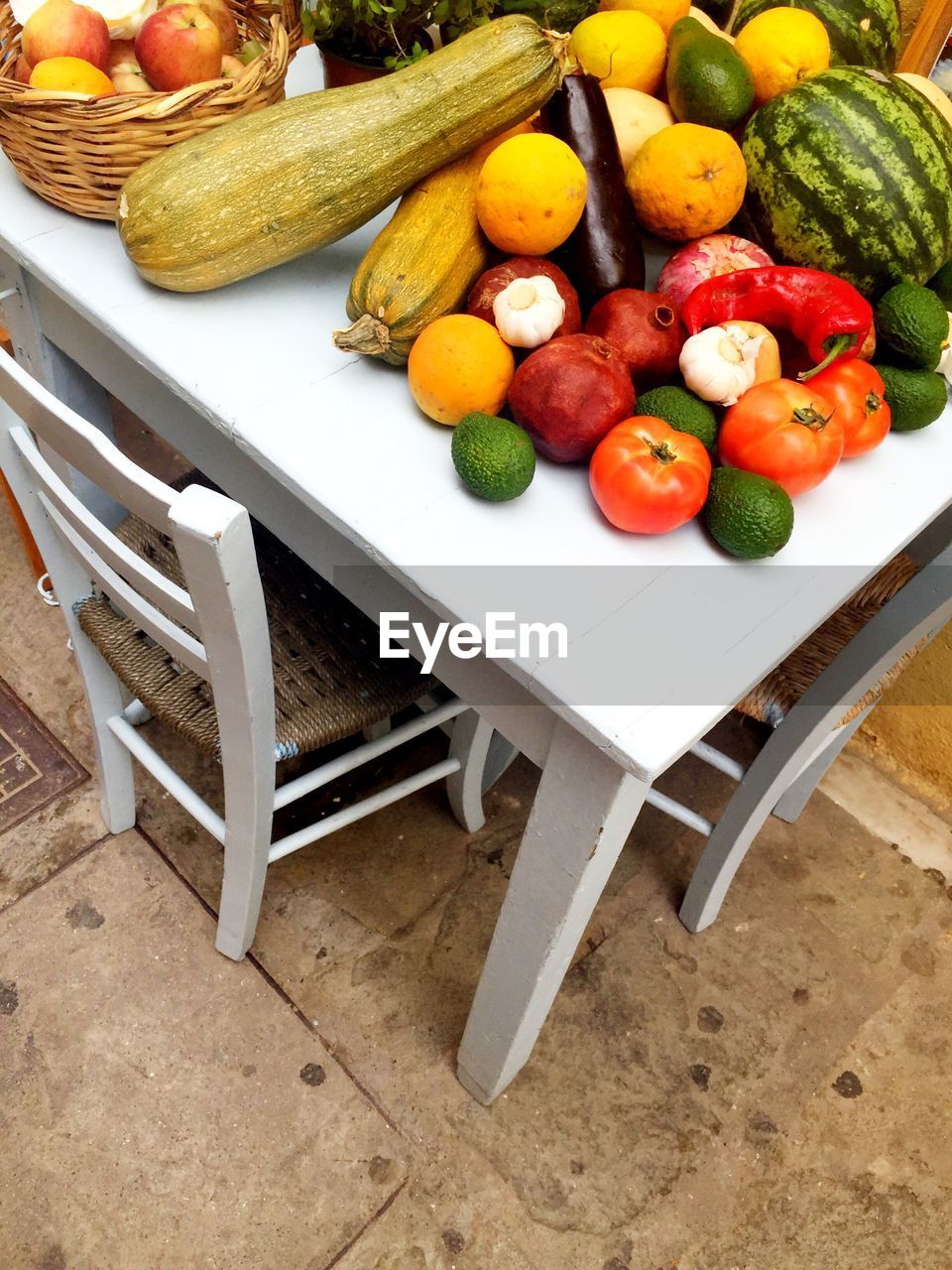High angle view of various vegetables and fruits on table