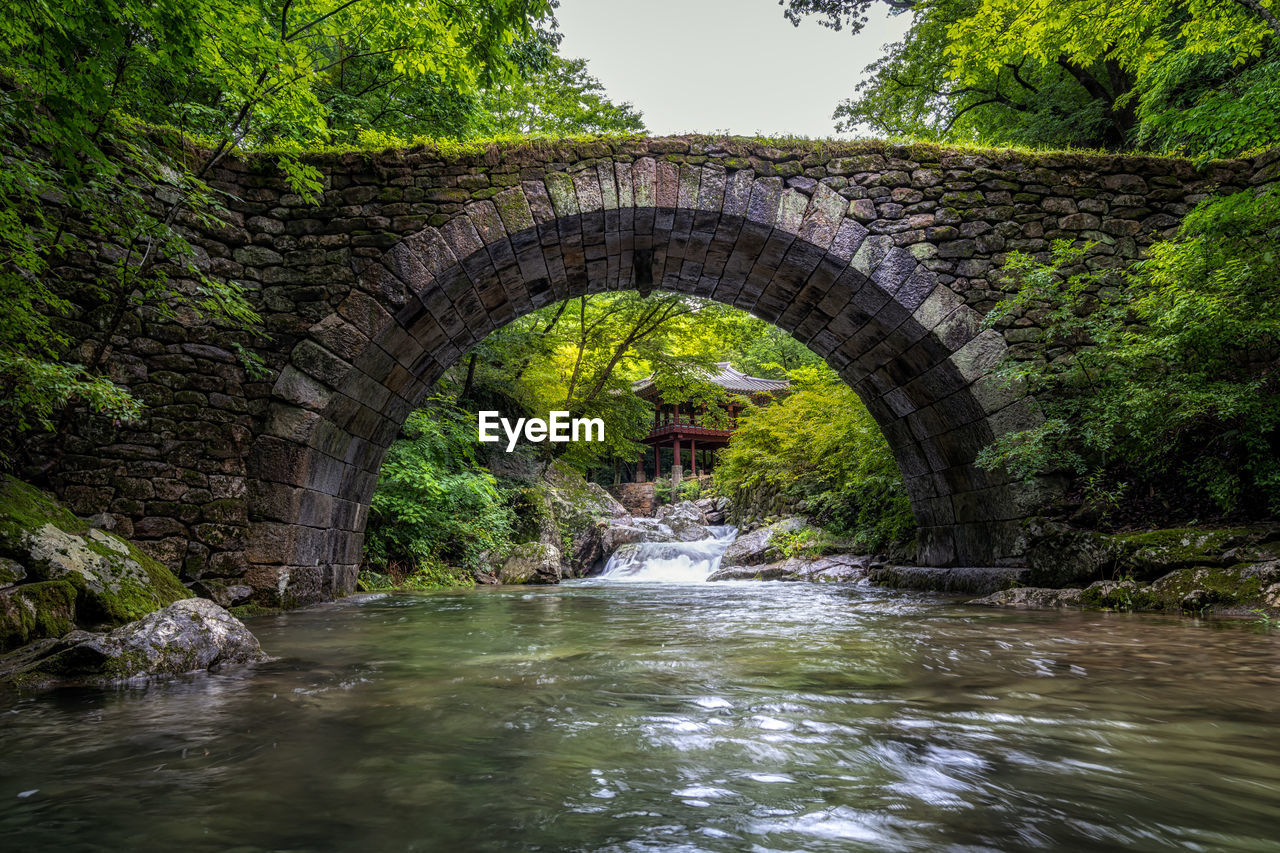 ARCH BRIDGE OVER RIVER BY TREES