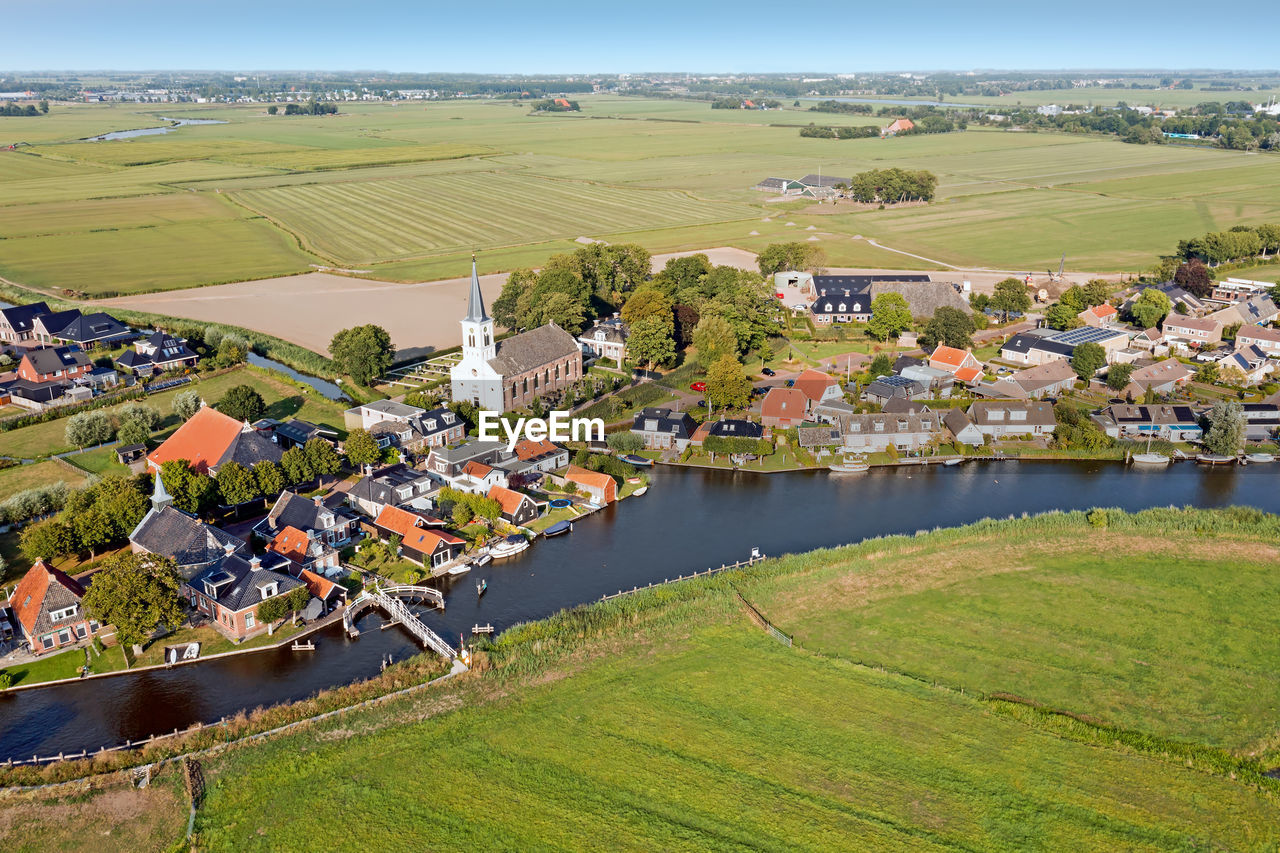 Aerial from the traditional village oosthem in friesland the netherlands