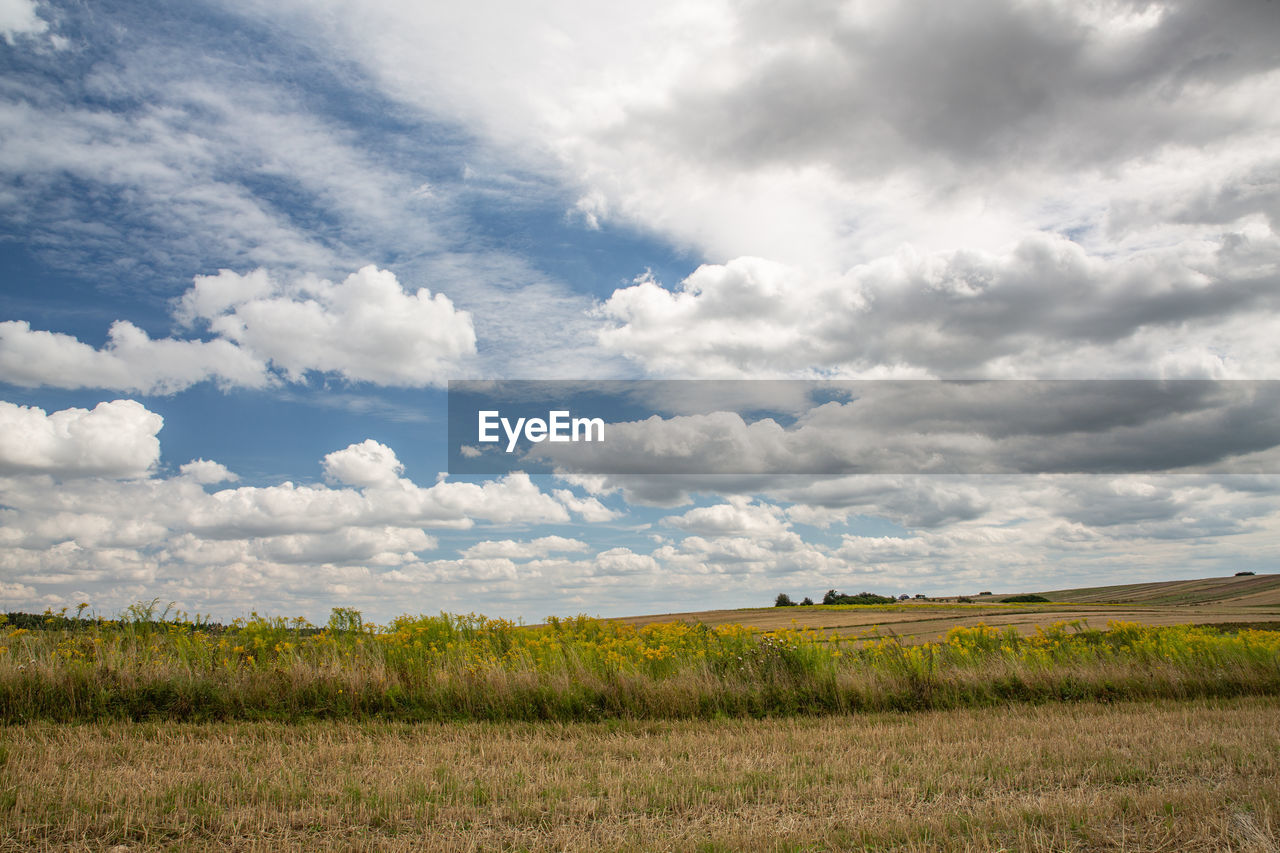 Scenic view of field against cloudy sky