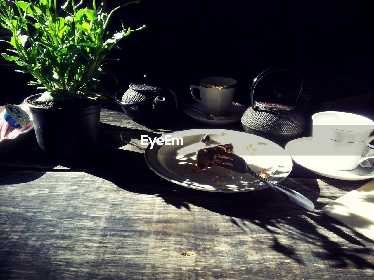 Potted plant with kitchen utensils on table