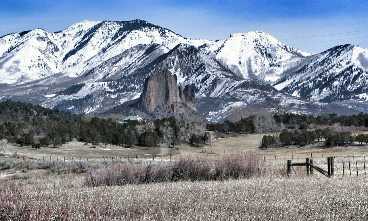 Scenic view of grassy field by snow covered mountains against sky