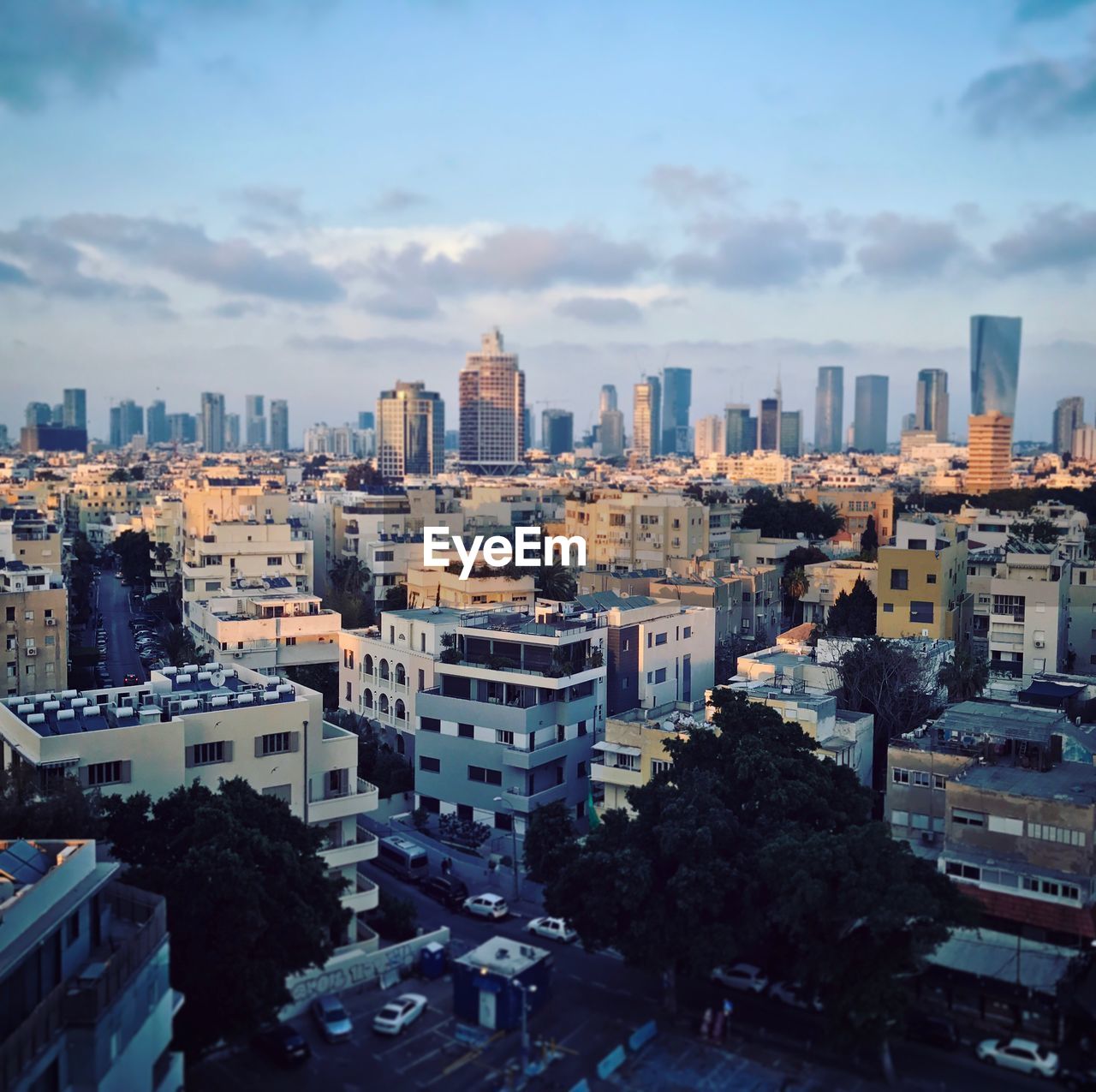 High angle view of buildings in city against sky