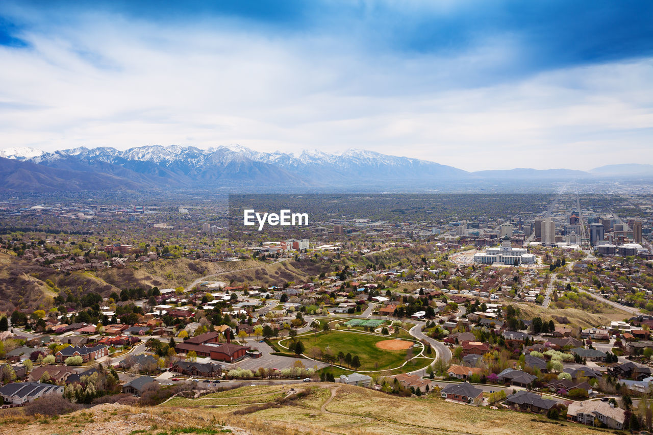 HIGH ANGLE VIEW OF TOWNSCAPE AND CITYSCAPE AGAINST SKY