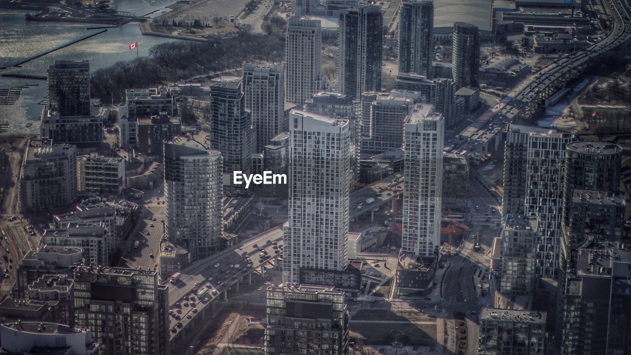 High angle view of buildings in city