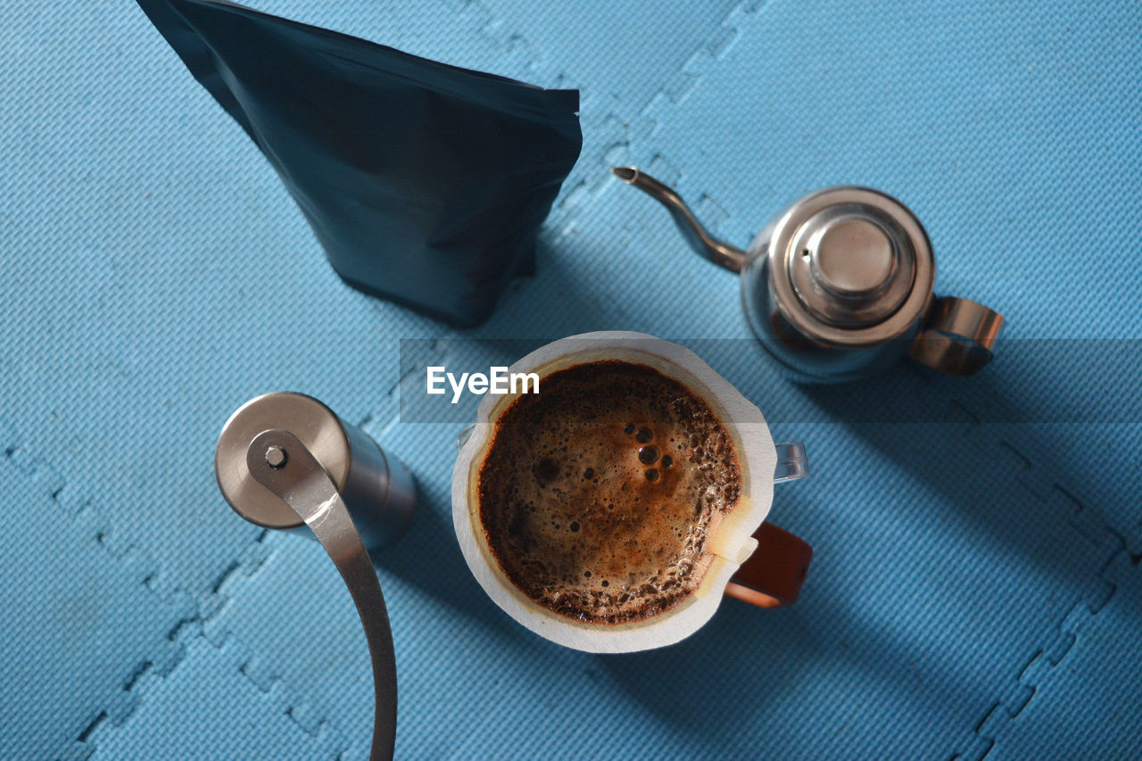 Directly above shot of coffee cup against white background