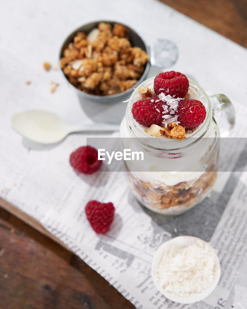 high angle view of dessert in glass on table
