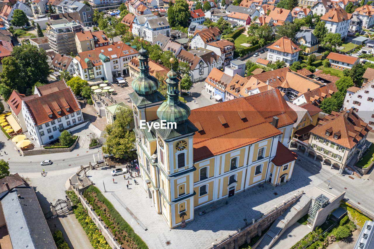 Aerial view of the city donaueschingen in germany and church st. johannes baptist