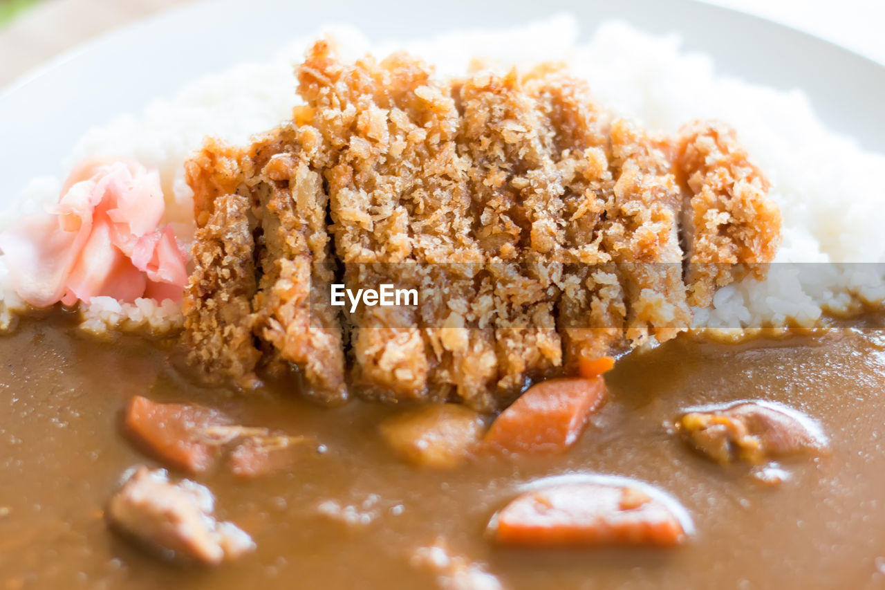 CLOSE-UP OF MEAT AND RICE IN PLATE