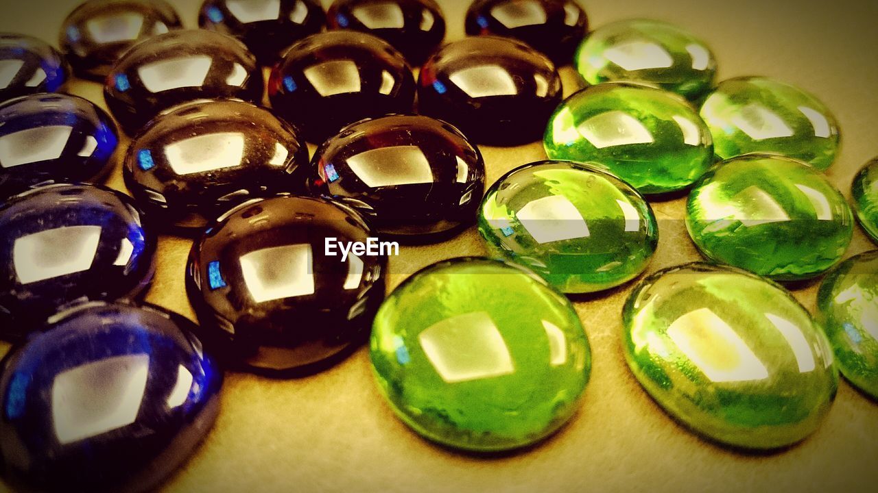Close-up of gemstones arranged
