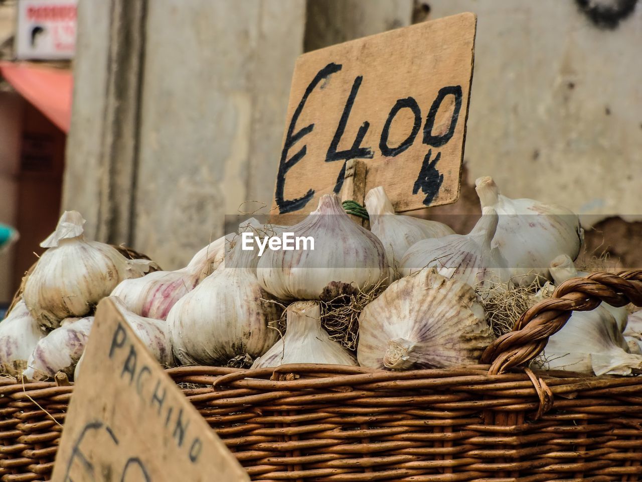 Text in basket for sale at market stall