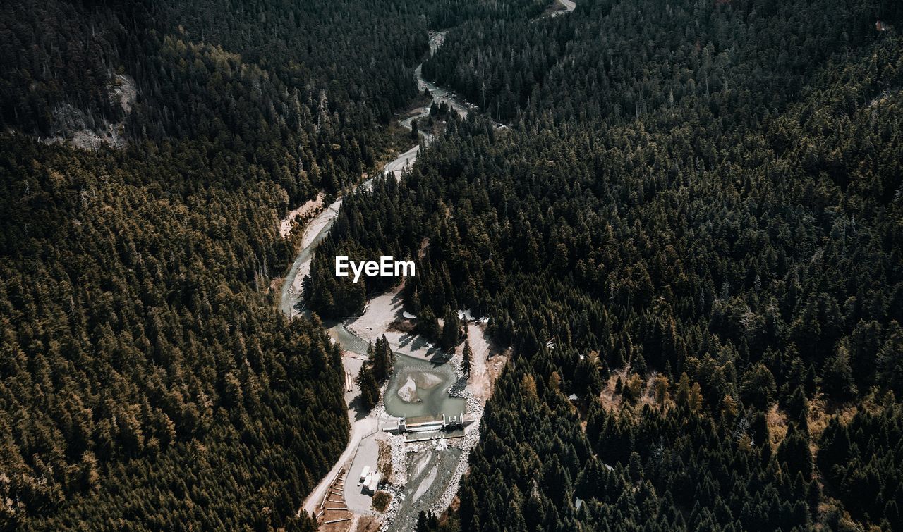 Aerial view of a mountain river amongst forest