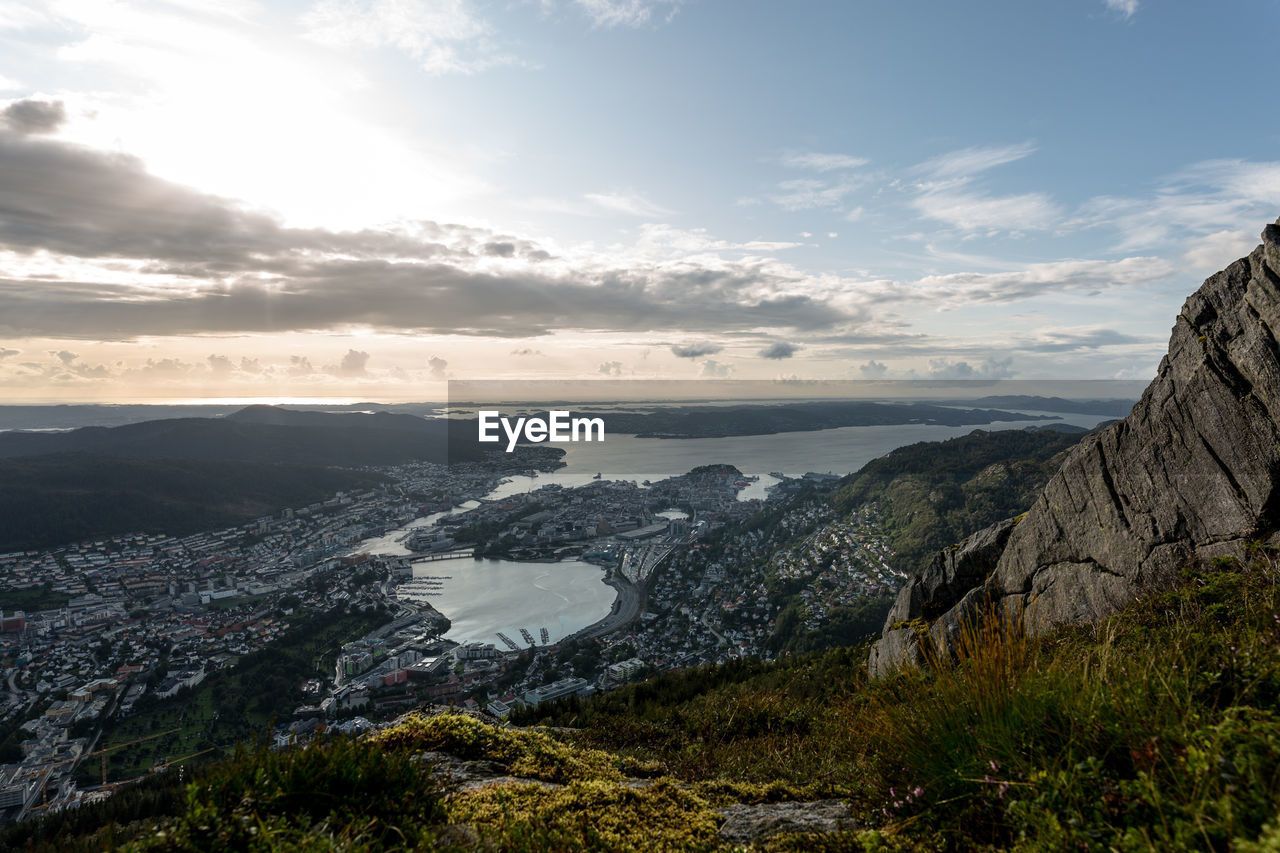 High angle view of landscape and mountains against sky